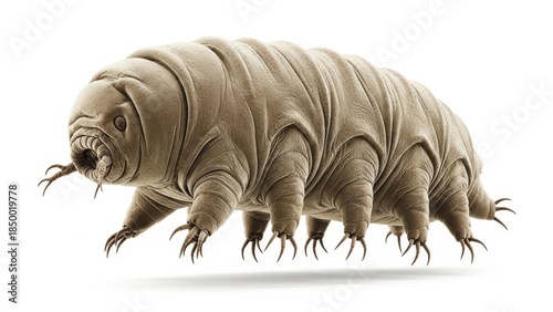 Microscopic water bear tardigrade with sharp claws on white background