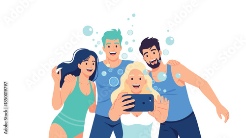 Friends taking selfie together in casual summer attire with fun expressions