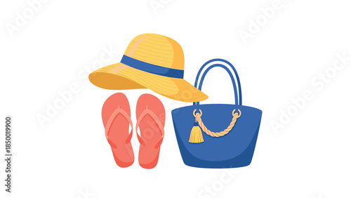 Summer accessories: straw hat, flip flops, and beach bag illustration