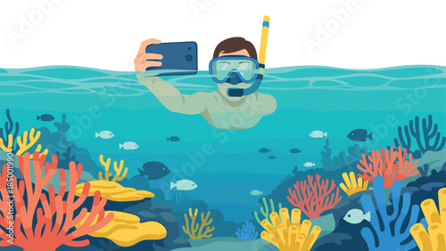 Snorkeler taking selfie in vibrant coral reef scene with colorful marine life