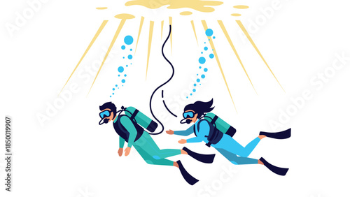 Scuba diving adventure with two divers underwater in sunlit ocean