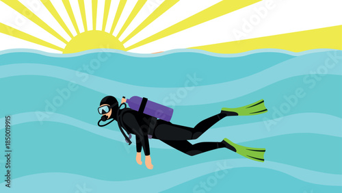 Colorful scuba diving adventure under the sunlit waves