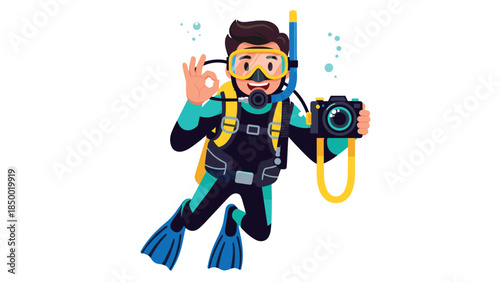 Diving adventure: cartoon scuba diver with camera making ok gesture