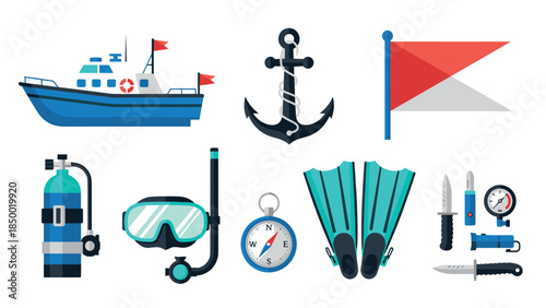 Diving icons set: equipment, boat, flag, and anchor in flat design