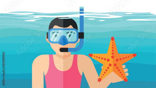 Snorkeler holding starfish in ocean water with mask and snorkel, flat design