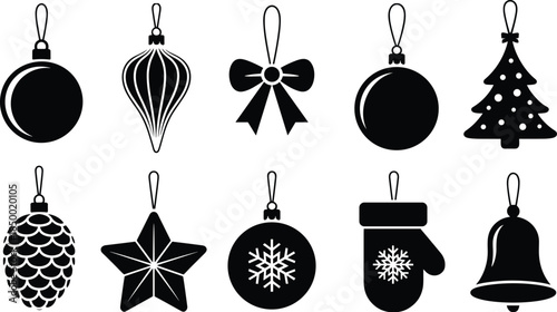 Set of Christmas ornament vector icons including baubles, tree, star, bow, mitten, pinecone, bell, and festive decorations.