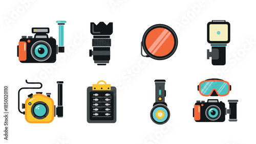 Diving and photography equipment icons set in flat style