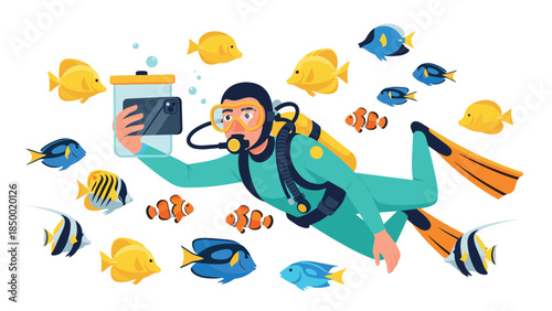 Scuba diver captures underwater selfie surrounded by tropical fish