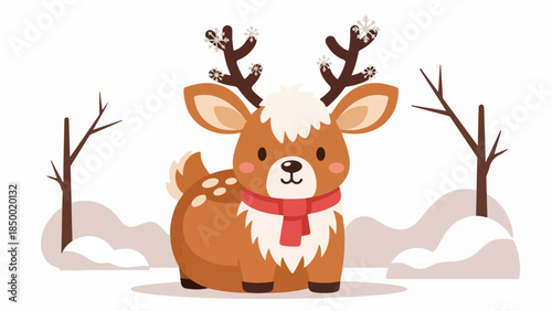 Illustrated reindeer with red scarf in winter landscape