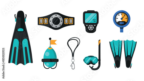 Dive gear icons set featuring snorkel, fins, and dive computer for water adventures