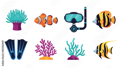 Colorful marine life and diving equipment in flat design
