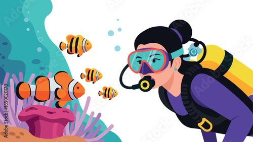 Underwater adventure with scuba diver and clownfish in a vibrant coral reef scene