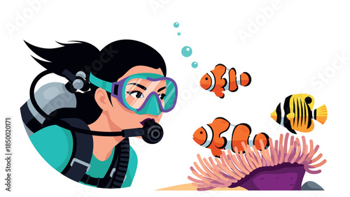 Colorful marine adventure: diver exploring vibrant coral reef with fish