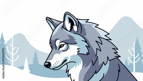 Illustration of a gray wolf with yellow eyes in a wilderness landscape with mountains and evergreen trees