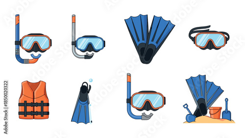 Diving gear collection: snorkel, goggles, flippers, and safety vest essentials