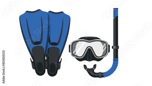 Diving gear set with snorkel, mask, and flippers in modern flat style