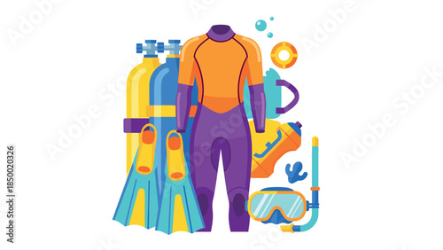 Colorful diving gear with wetsuit, snorkel, fins, and oxygen tanks on white background