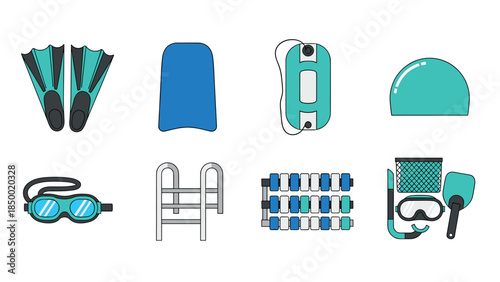Swimming gear icons set featuring equipment for pool training and water sports