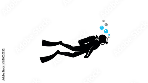 Underwater adventure: scuba diver in silhouette with bubbles