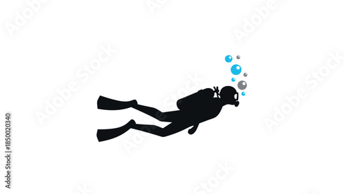 Silhouette of scuba diver with bubbles in water