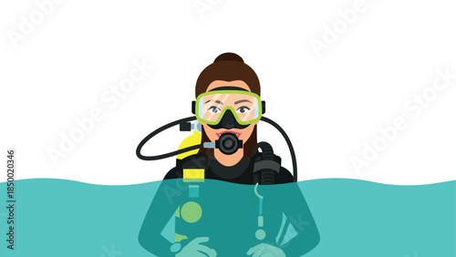 Diver with scuba gear in water: flat design of professional underwater exploration