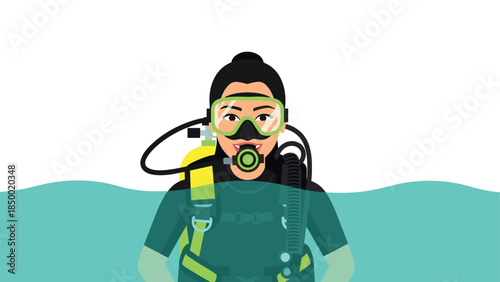 Scuba diver woman with equipment in water - flat style adventure
