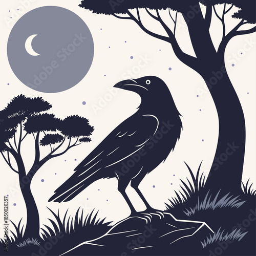 Vintage black raven silhouette perched on a winter tree branch against a large moon in a nature wildlife vector illustration