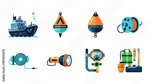 Colorful nautical equipment icons set for marine adventure and exploration