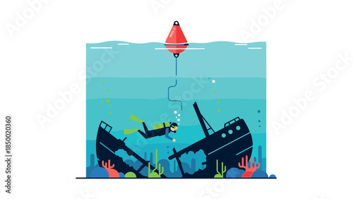 Underwater exploration: diver discovering sunken shipwreck in ocean scene