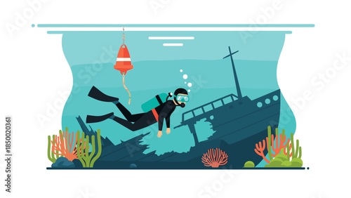 Underwater exploration with diver and sunken ship in flat design
