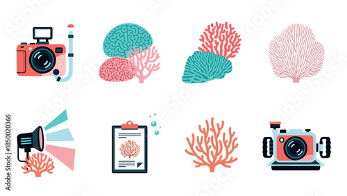 Diving equipment and marine life icons: camera, coral, brain, light, clipboard
