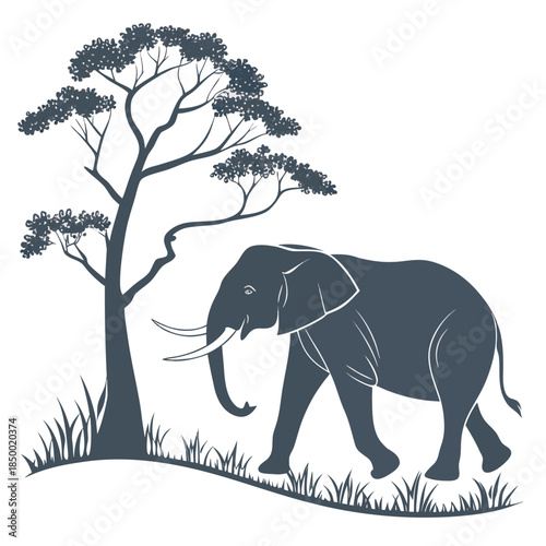 A large wild mammal wildlife vector illustration shows a big safari elephant with a tusk and trunk walking through the forest and grass near a tree in a nature drawing
