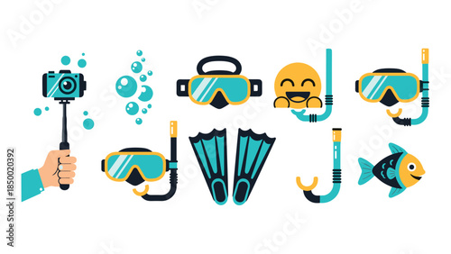 Diving gear and fun elements with snorkeling equipment and happy emoji in flat design