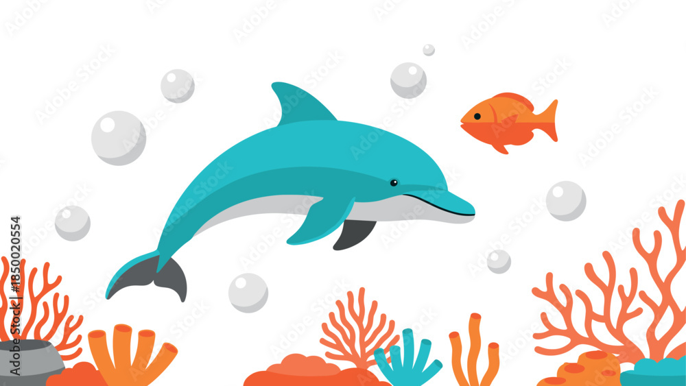 Fototapeta premium Colorful marine life with dolphin and fish amidst coral reefs