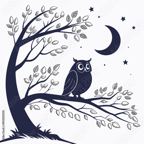 A cute cartoon owl sits on a tree branch under a moonlit night sky with a heart and floral art design for a nature holiday card illustration vector