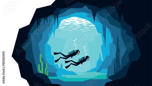 Scuba divers exploring underwater cave in minimalist style