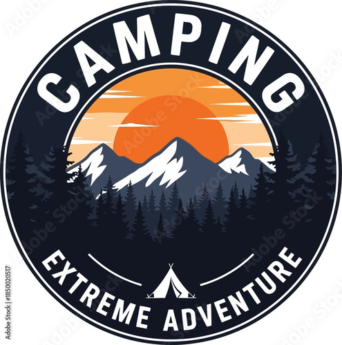 Camping extreme adventure logo with mountains and tent
