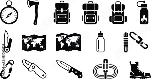 Set of hiking and camping gear vector icons including knives, boots, backpacks, compass, rope, bottles, maps, and tools.
