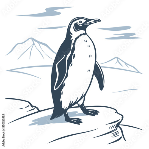 A cute cartoon penguin bird vector illustration standing on ice and a branch in the cold winter nature of Antarctica with a black silhouette and white snow