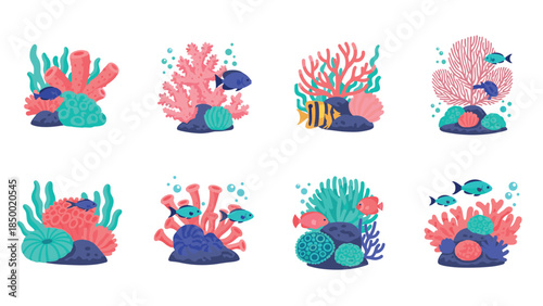 Colorful ocean coral and marine life set: vibrant underwater ecosystems with tropical fish