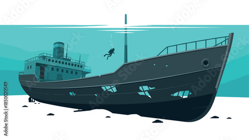 Sunken ship and diver in tranquil underwater world