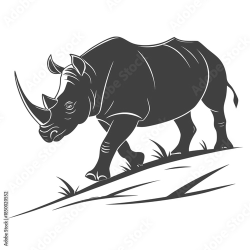 A large, strong white rhinoceros stands isolated on a white background, showcasing the powerful horn and grey skin of this endangered wild mammal in a clean nature studio shot