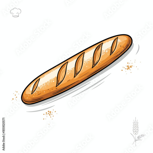 An illustration of a baked golden baguette loaf, shadow, with chef hat