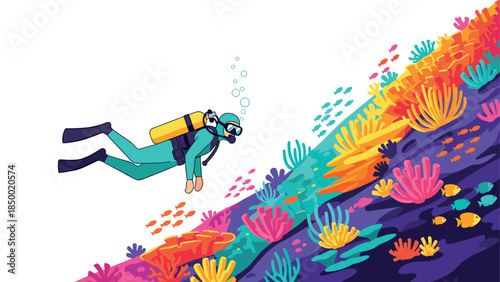 Colorful underwater scene with scuba diver exploring vibrant coral reef
