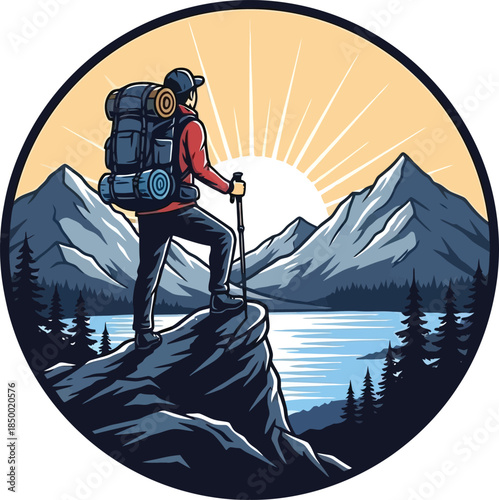 Hiker at Mountain Lake Sunrise