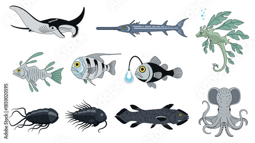 Unique sea creatures: colorful cartoon collection of deep sea and exotic fish