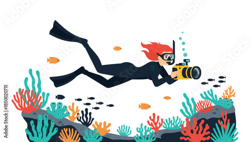 Underwater photographer exploring vibrant coral reef with camera in hand
