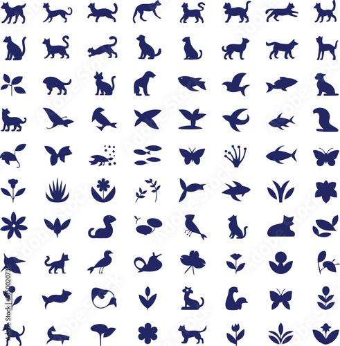 Nature vector silhouette set featuring animals, birds, fish, insects, and plants in dark blue for design and educational use.