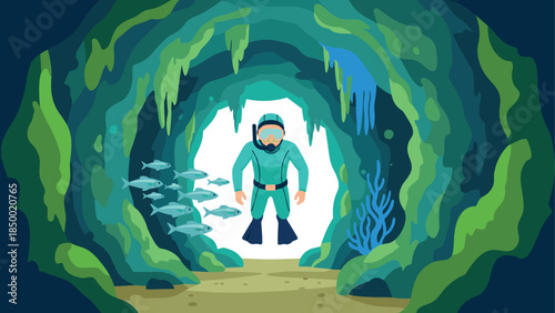 Underwater exploration in a vibrant ocean cave with scuba diver and fish