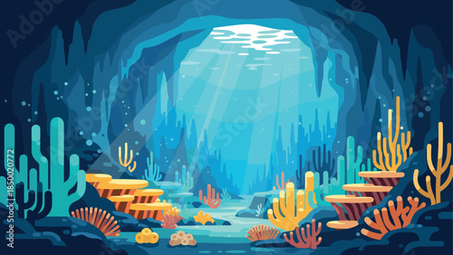 Underwater cave wonder: vibrant marine life and coral reefs in flat design